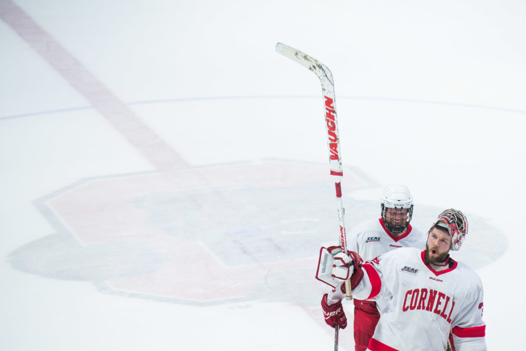 Senior goalie Mitch Gillam salutes the Lynah Faithful after recording a shut-out against RPI on Friday, February 24th. (Cameron Pollack / Sun Photography Editor)